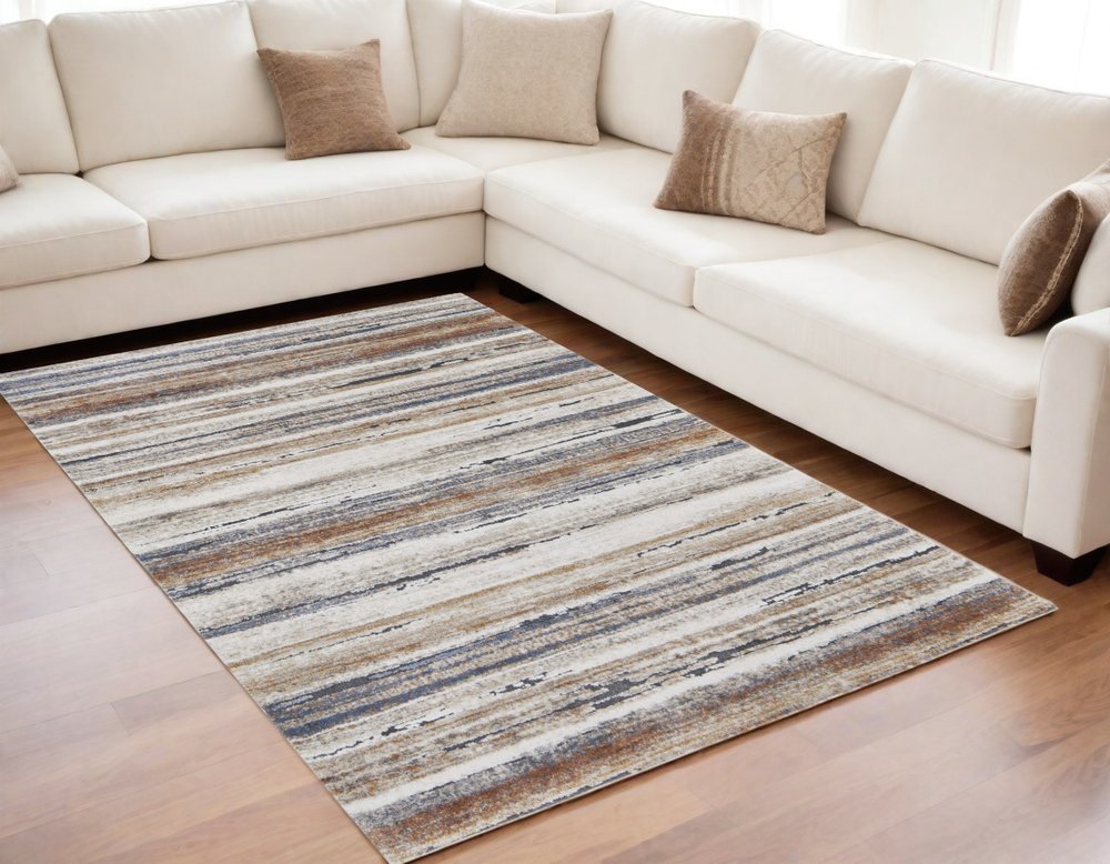 5' X 8' Ivory Blue and Brown Striped Power Loom Area Rug