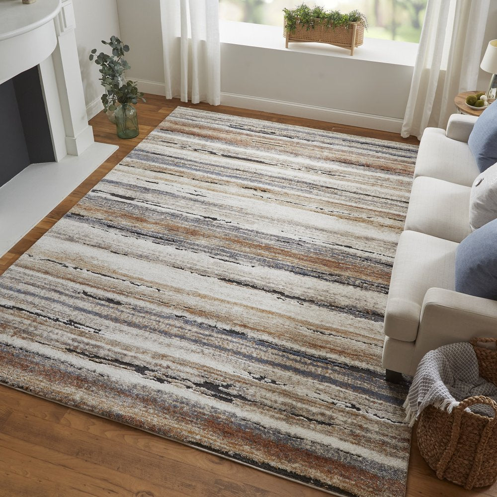 5' X 8' Ivory Blue and Brown Striped Power Loom Area Rug