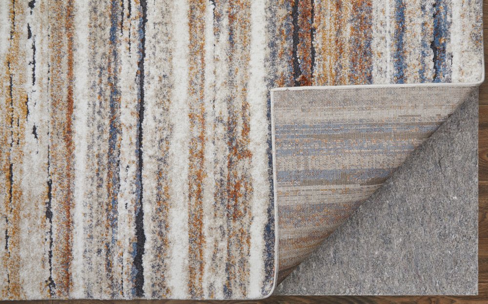 5' X 8' Ivory Blue and Brown Striped Power Loom Area Rug