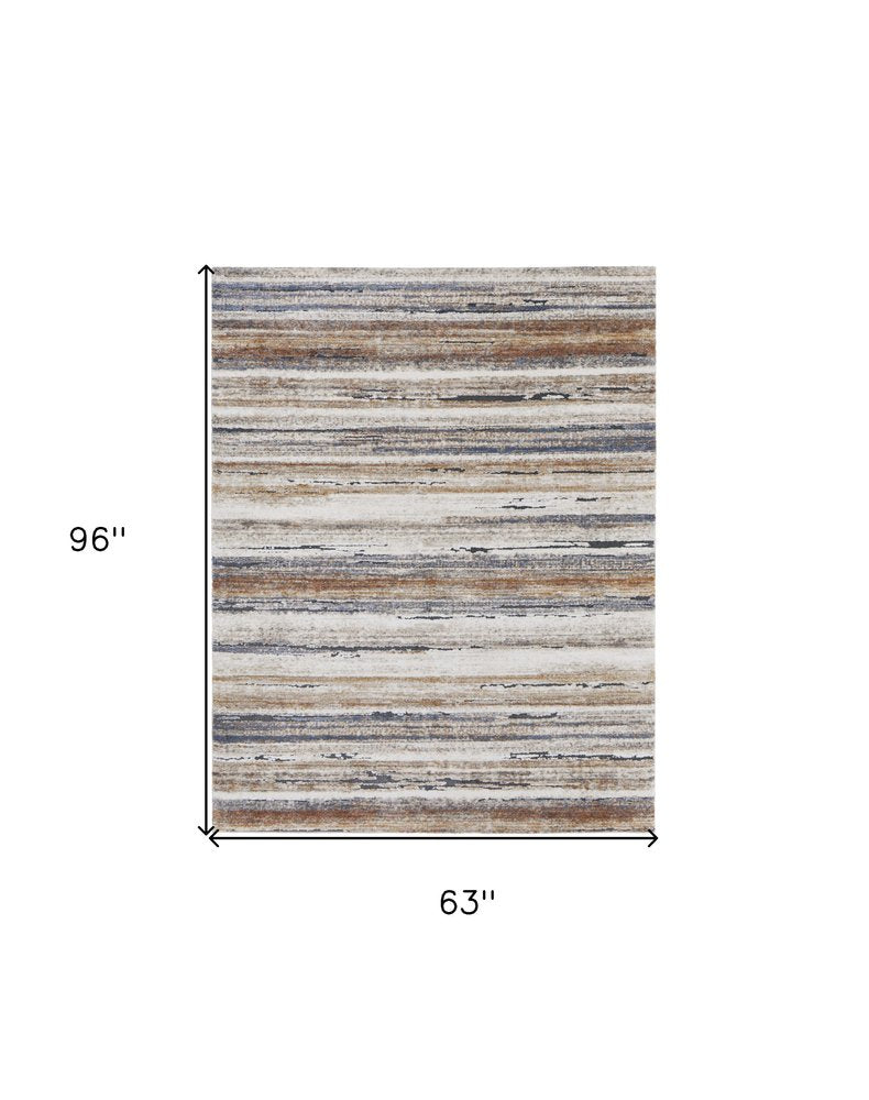 5' X 8' Ivory Blue and Brown Striped Power Loom Area Rug