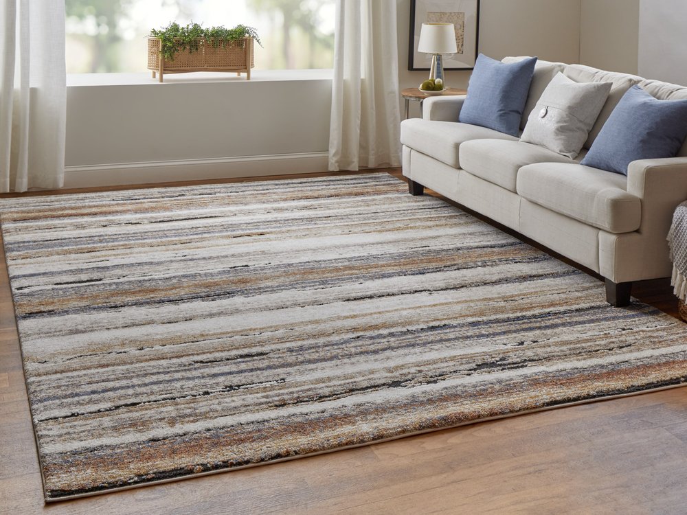 5' X 8' Ivory Blue and Brown Striped Power Loom Area Rug