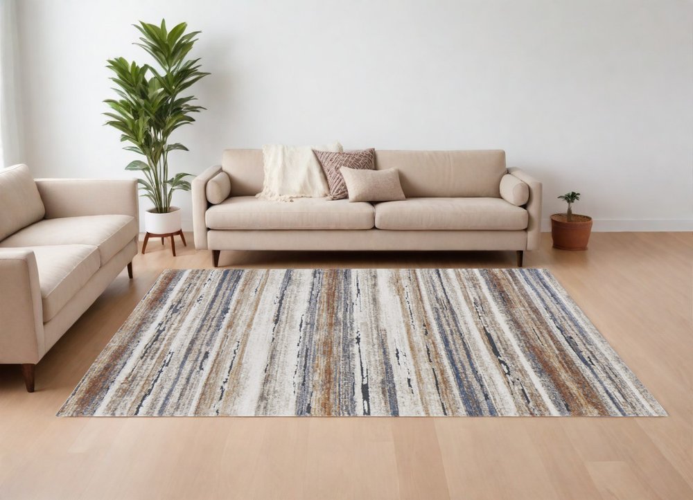 5' X 8' Ivory Blue and Brown Striped Power Loom Area Rug