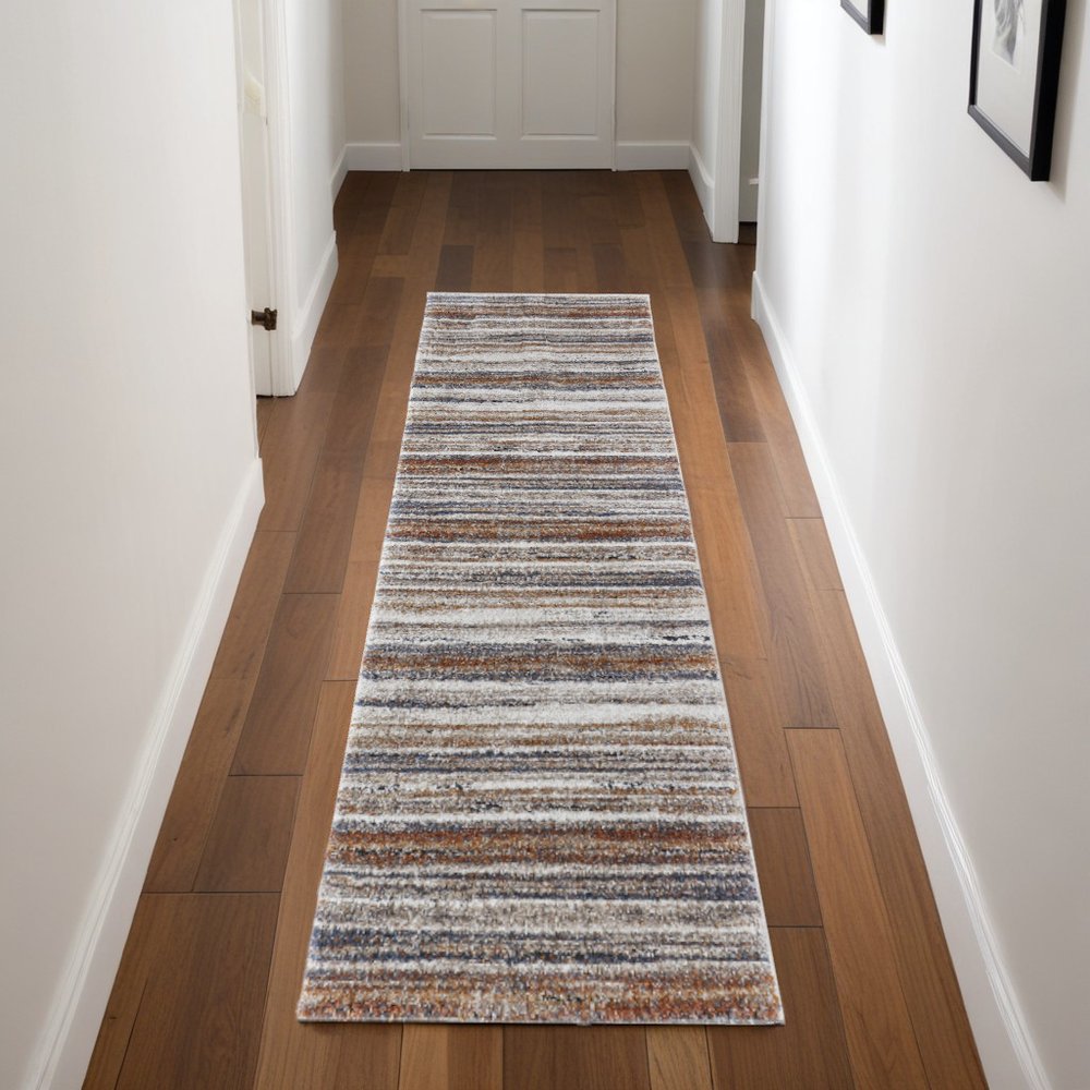 5' X 8' Ivory Blue and Brown Striped Power Loom Area Rug