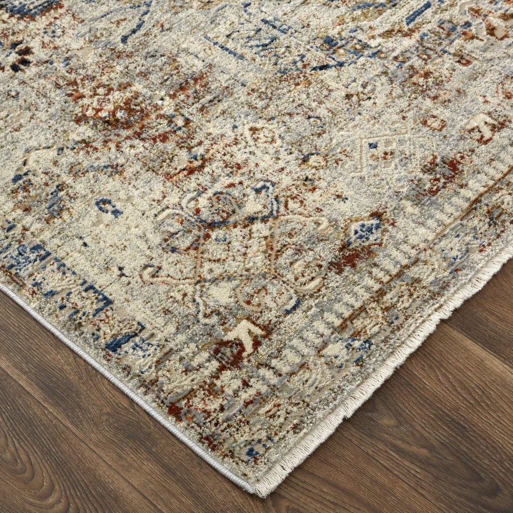 3' X 5' Blue Tan And Red Oriental Distressed Area Rug With Fringe