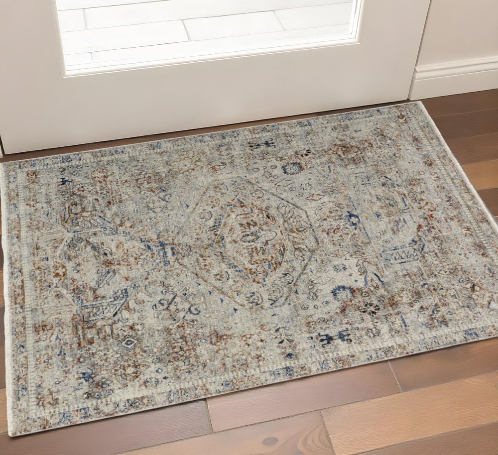 3' X 5' Blue Tan And Red Oriental Distressed Area Rug With Fringe