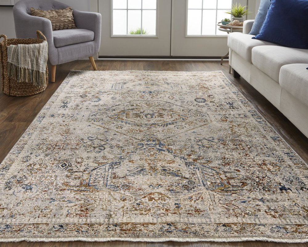 3' X 5' Blue Tan And Red Oriental Distressed Area Rug With Fringe