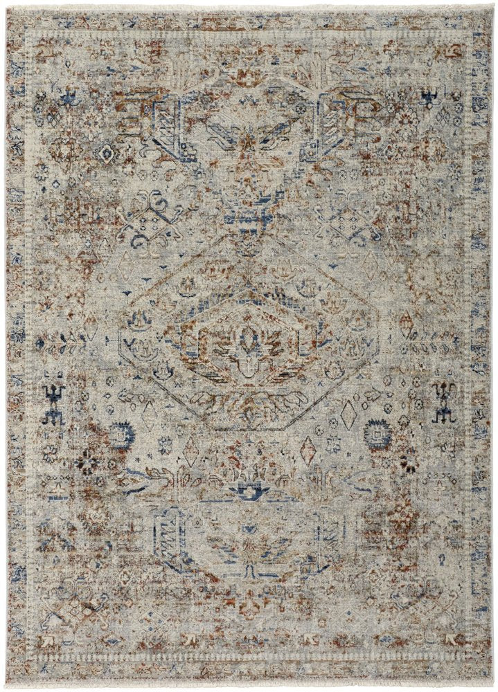 3' X 5' Blue Tan And Red Oriental Distressed Area Rug With Fringe