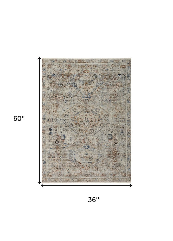 3' X 5' Blue Tan And Red Oriental Distressed Area Rug With Fringe