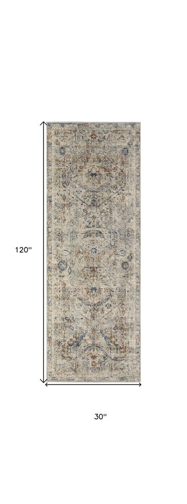 3' X 5' Blue Tan And Red Oriental Distressed Area Rug With Fringe
