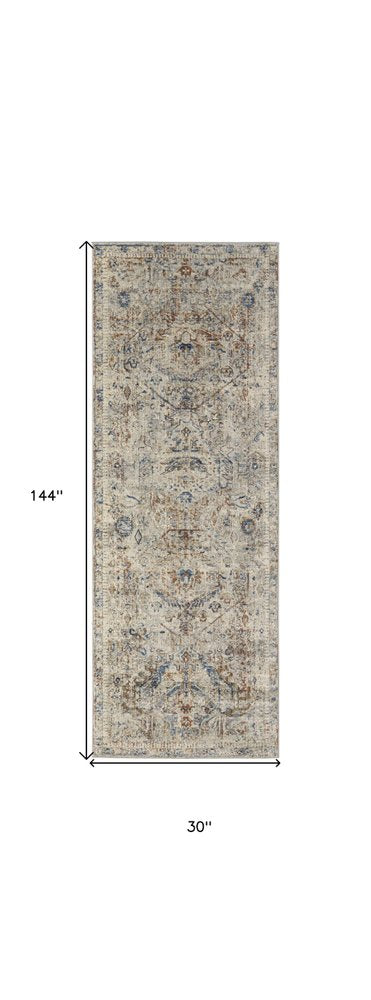 3' X 5' Blue Tan And Red Oriental Distressed Area Rug With Fringe