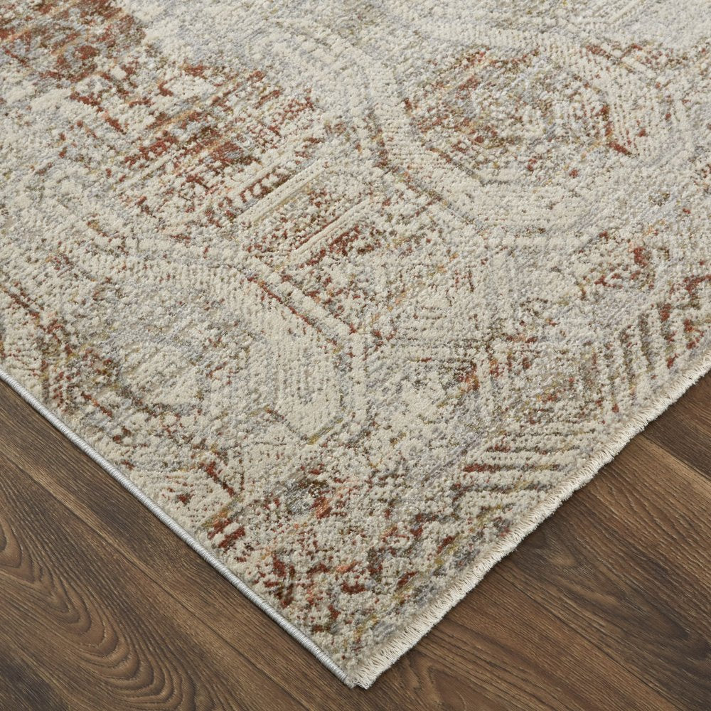 3' X 5' Gray Ivory And Burnt Orange Oriental Distressed Area Rug With Fringe