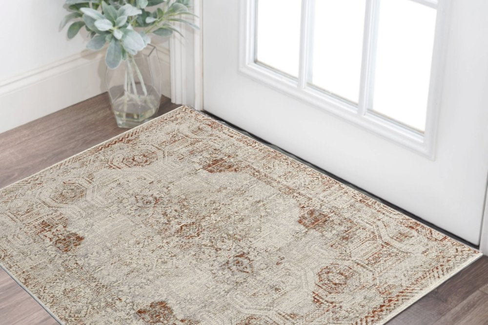 3' X 5' Gray Ivory And Burnt Orange Oriental Distressed Area Rug With Fringe