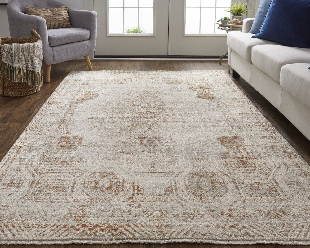 3' X 5' Gray Ivory And Burnt Orange Oriental Distressed Area Rug With Fringe