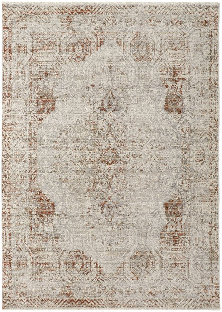 3' X 5' Gray Ivory And Burnt Orange Oriental Distressed Area Rug With Fringe