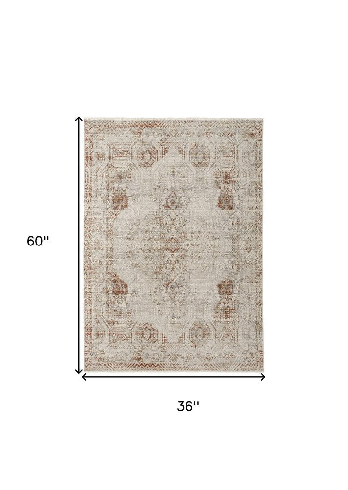 3' X 5' Gray Ivory And Burnt Orange Oriental Distressed Area Rug With Fringe