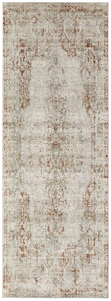 3' X 5' Gray Ivory And Burnt Orange Oriental Distressed Area Rug With Fringe