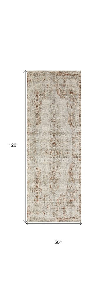 3' X 5' Gray Ivory And Burnt Orange Oriental Distressed Area Rug With Fringe