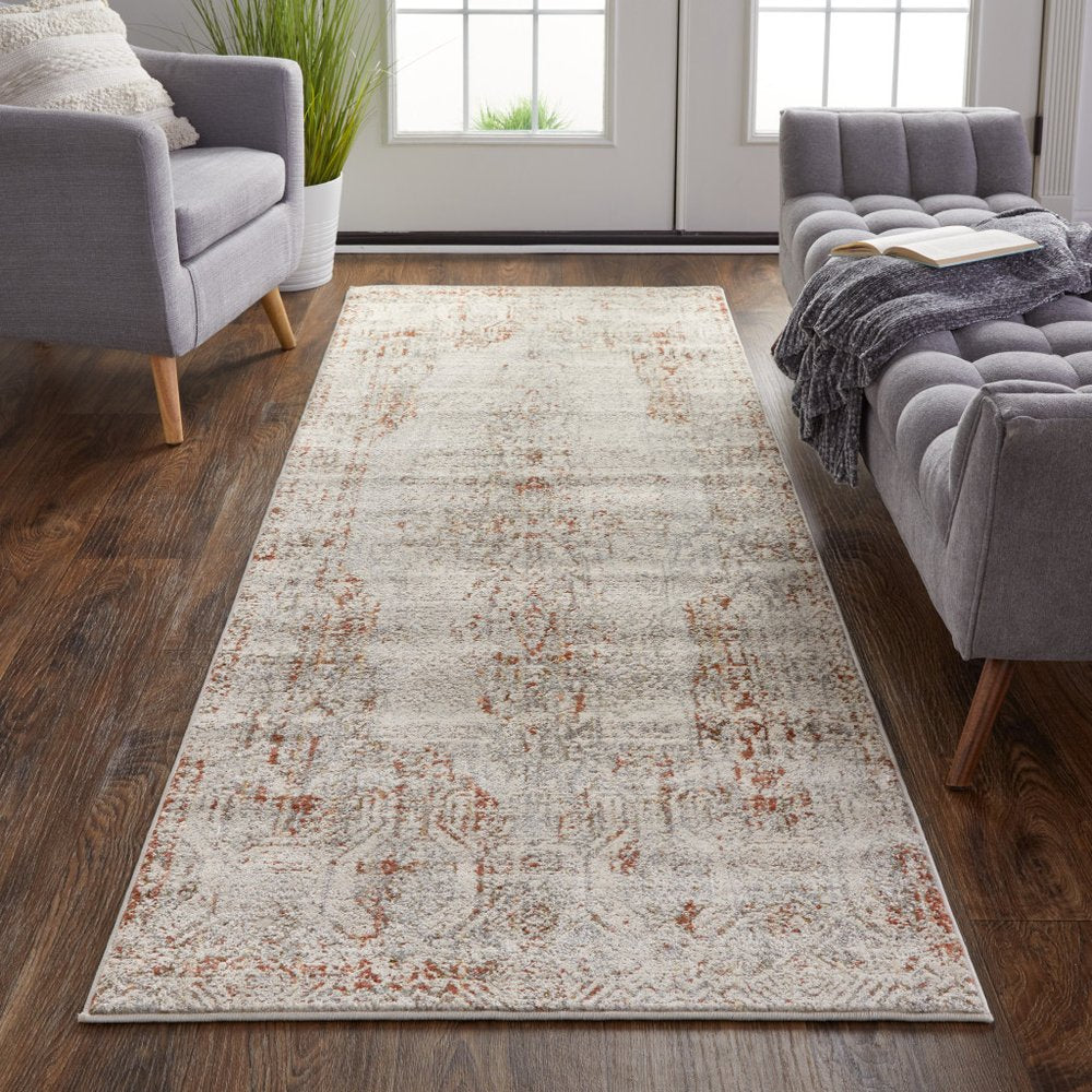 3' X 5' Gray Ivory And Burnt Orange Oriental Distressed Area Rug With Fringe