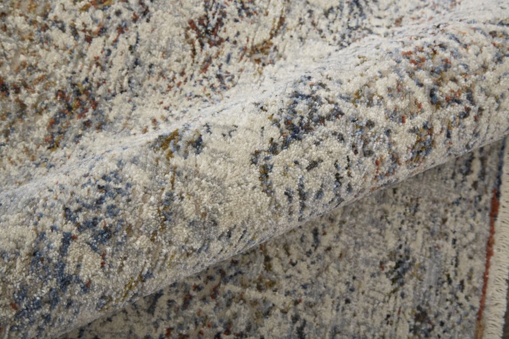 3' X 5' Gray Ivory and Blue Abstract Power Loom Worn Faded Area Rug With Fringe