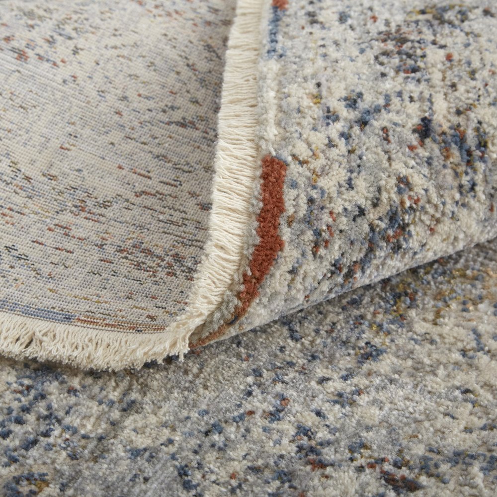 3' X 5' Gray Ivory and Blue Abstract Power Loom Worn Faded Area Rug With Fringe