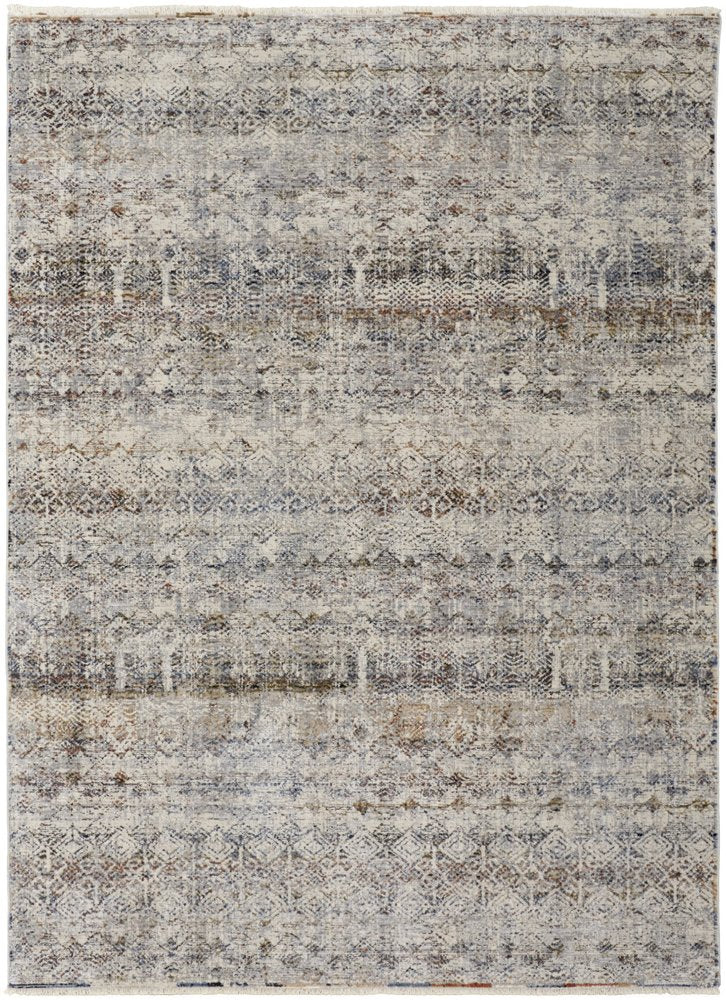 3' X 5' Gray Ivory and Blue Abstract Power Loom Worn Faded Area Rug With Fringe