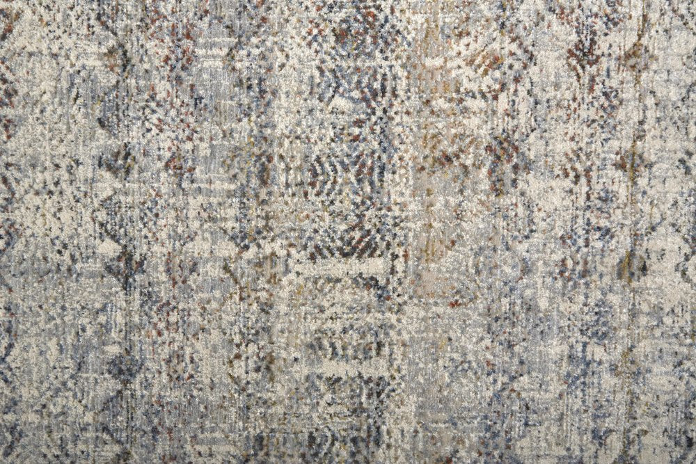 3' X 5' Gray Ivory and Blue Abstract Power Loom Worn Faded Area Rug With Fringe