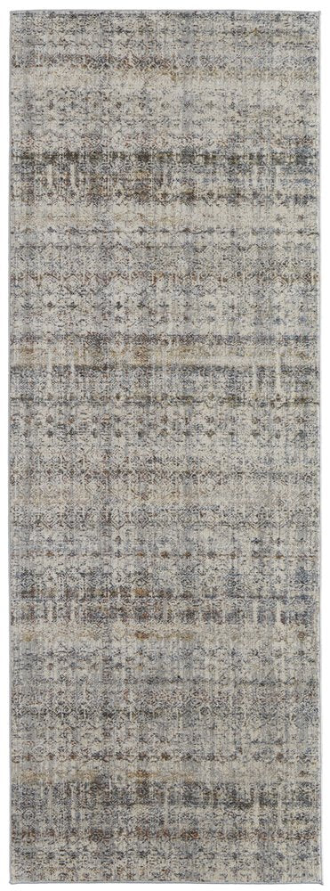 3' X 5' Gray Ivory and Blue Abstract Power Loom Worn Faded Area Rug With Fringe