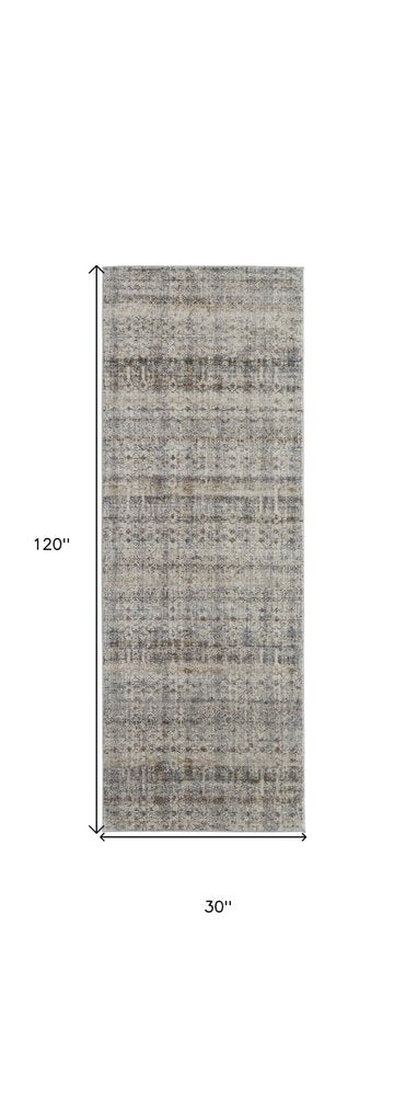3' X 5' Gray Ivory and Blue Abstract Power Loom Worn Faded Area Rug With Fringe