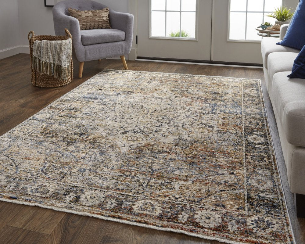 8' Tan Blue and Brown Oriental Power Loom Runner Rug With Fringe