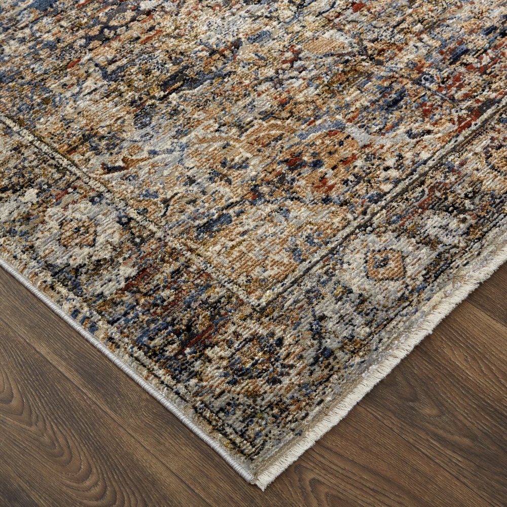 8' Tan Blue and Brown Oriental Power Loom Runner Rug With Fringe