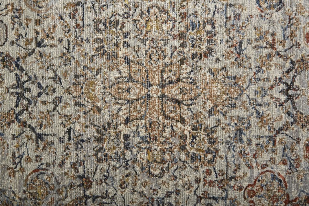 8' Tan Blue and Brown Oriental Power Loom Runner Rug With Fringe