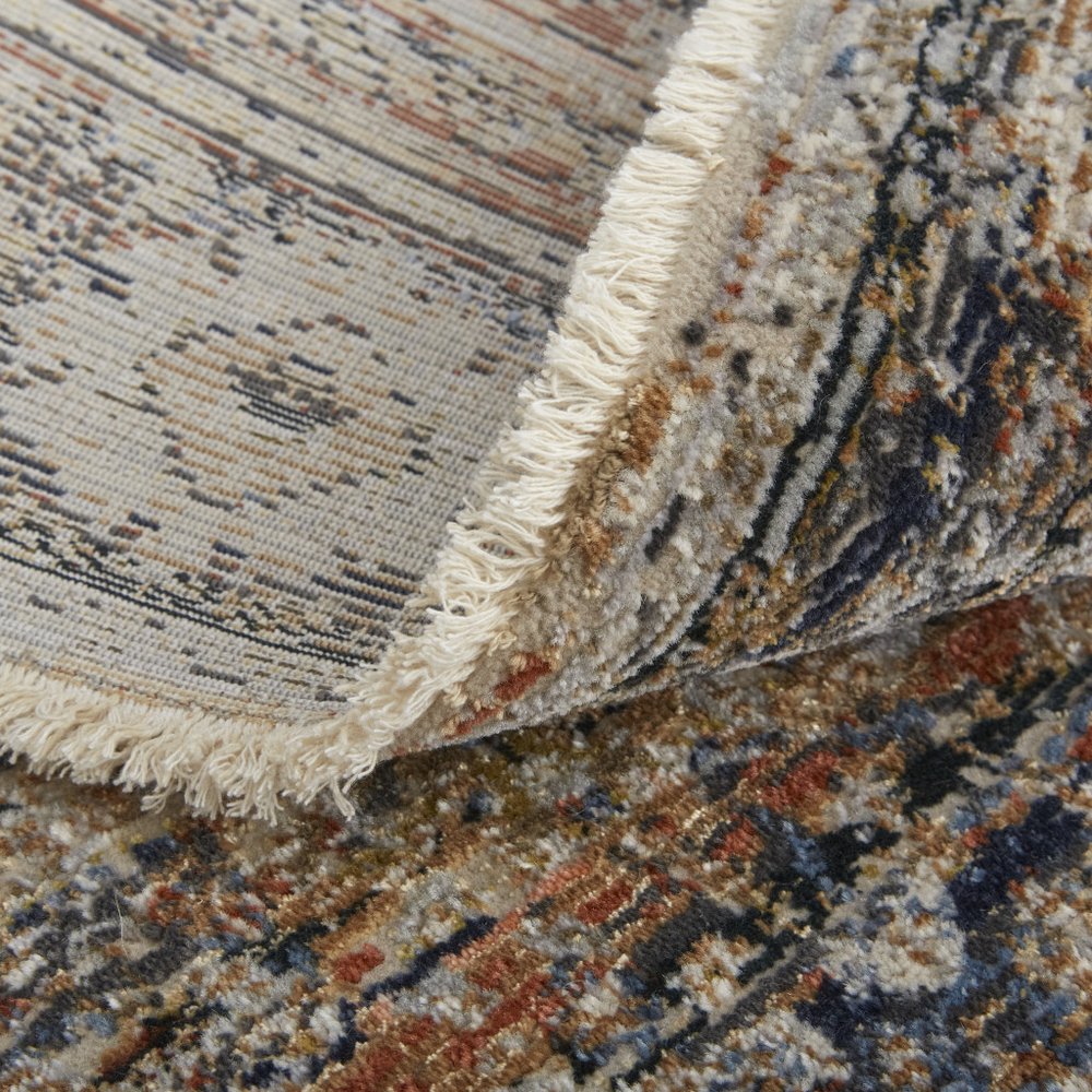8' Tan Blue and Brown Oriental Power Loom Runner Rug With Fringe
