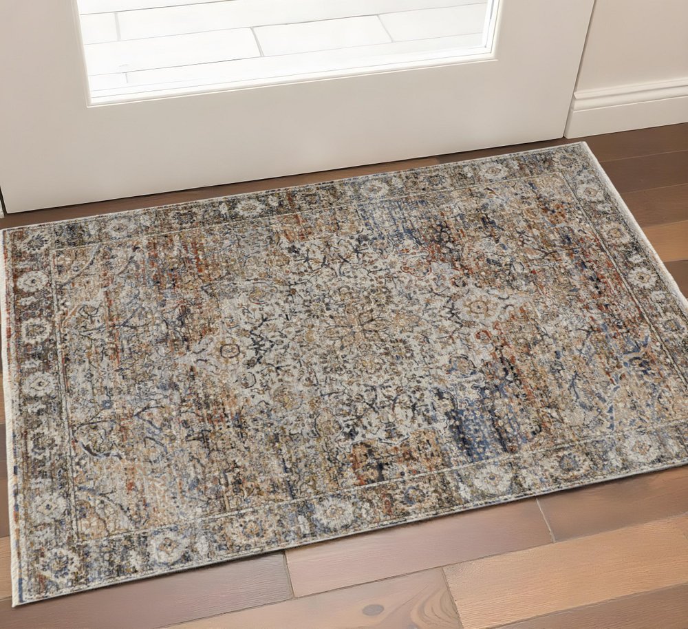 8' Tan Blue and Brown Oriental Power Loom Runner Rug With Fringe