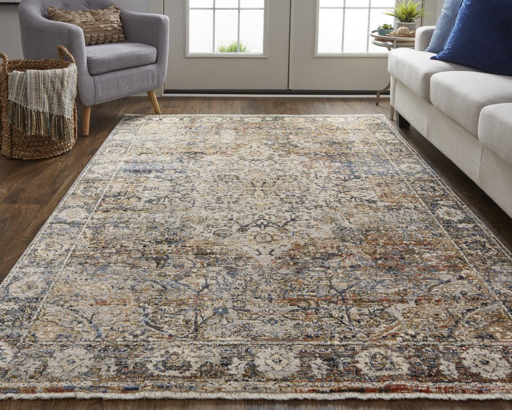 8' Tan Blue and Brown Oriental Power Loom Runner Rug With Fringe