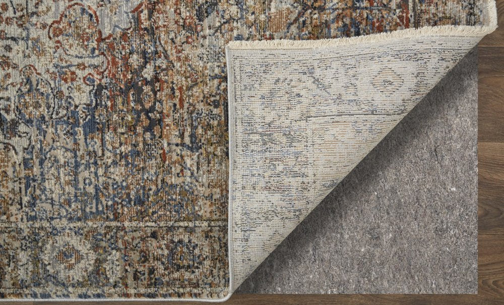 8' Tan Blue and Brown Oriental Power Loom Runner Rug With Fringe