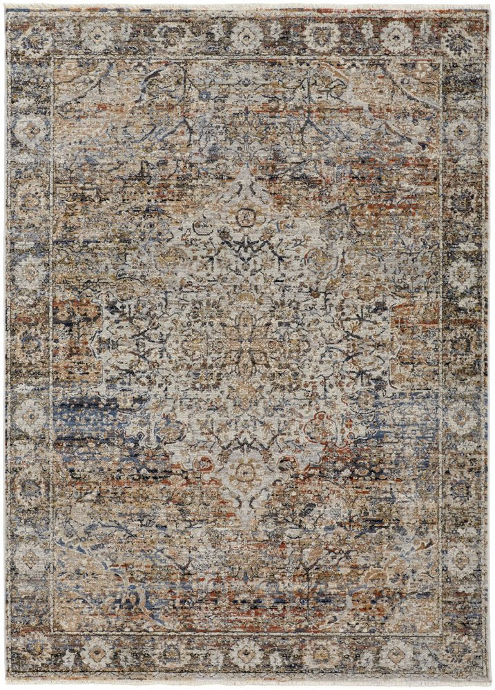 8' Tan Blue and Brown Oriental Power Loom Runner Rug With Fringe