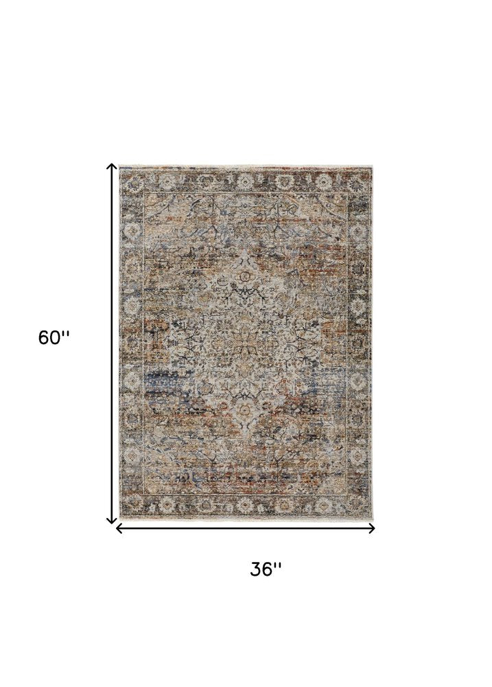 8' Tan Blue and Brown Oriental Power Loom Runner Rug With Fringe