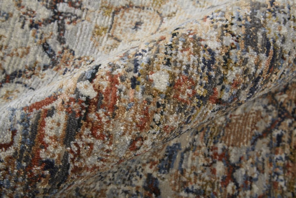 8' Tan Blue and Brown Oriental Power Loom Runner Rug With Fringe