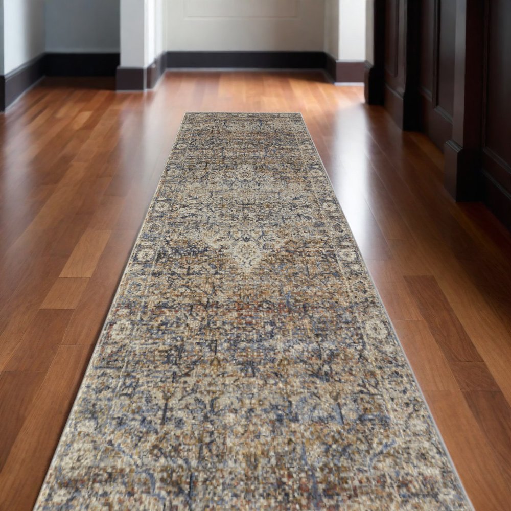 8' Tan Blue and Brown Oriental Power Loom Runner Rug With Fringe