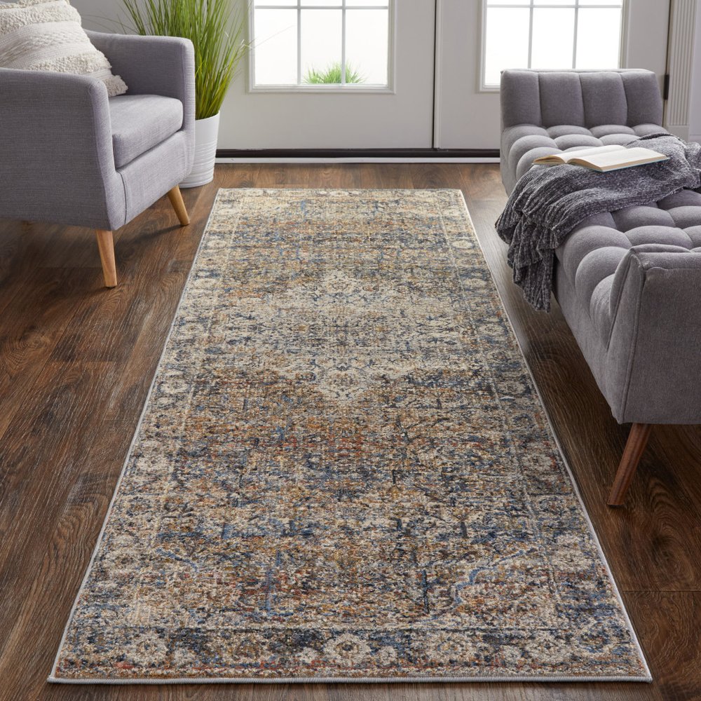 8' Tan Blue and Brown Oriental Power Loom Runner Rug With Fringe