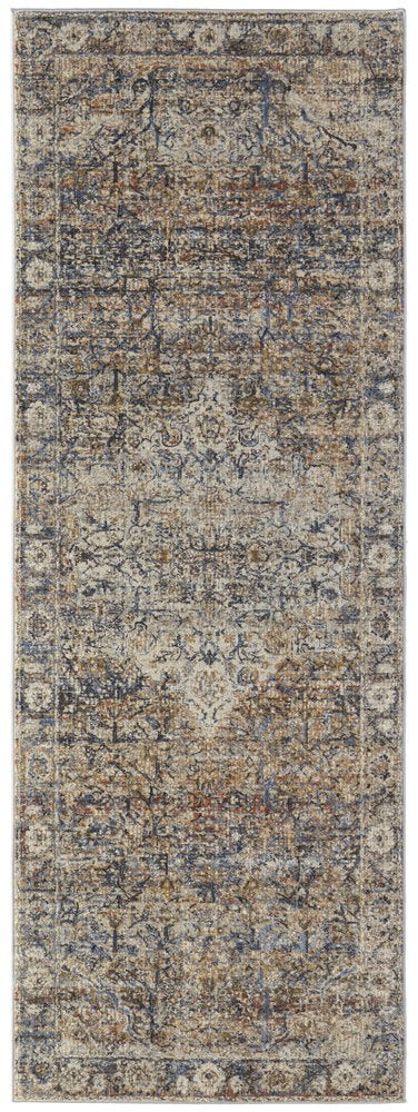 8' Tan Blue and Brown Oriental Power Loom Runner Rug With Fringe