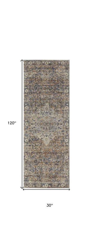 8' Tan Blue and Brown Oriental Power Loom Runner Rug With Fringe