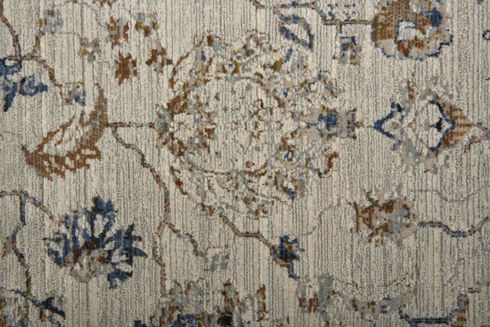 3' X 5' Ivory Blue And Burnt Orange Floral Distressed Area Rug With Fringe