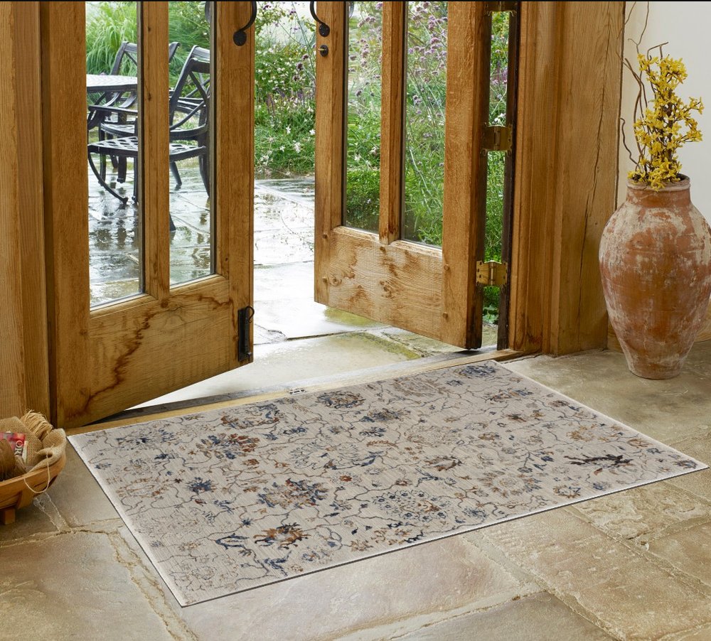 3' X 5' Ivory Blue And Burnt Orange Floral Distressed Area Rug With Fringe