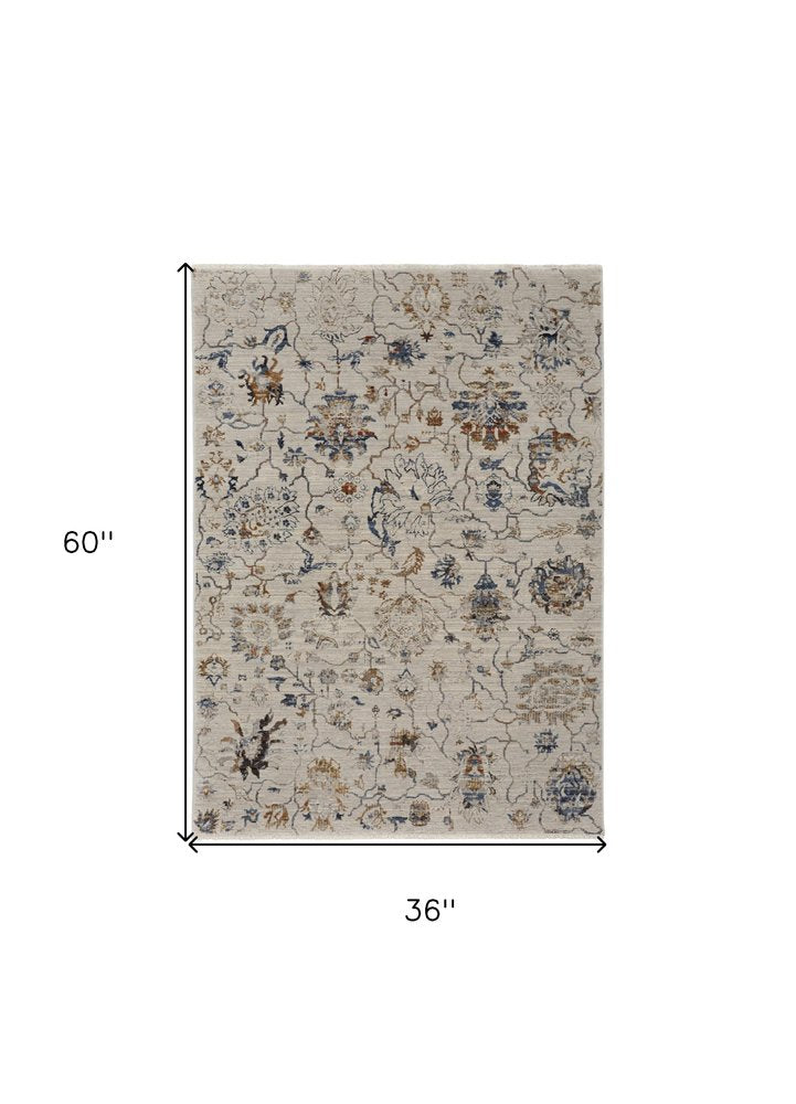 3' X 5' Ivory Blue And Burnt Orange Floral Distressed Area Rug With Fringe