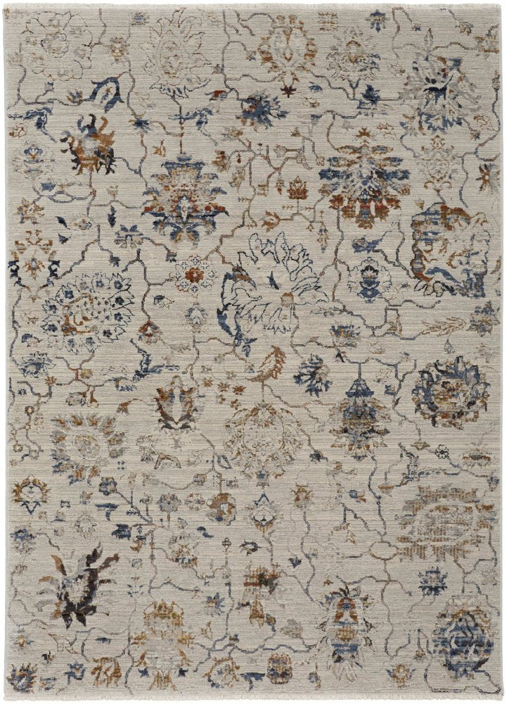 3' X 5' Ivory Blue And Burnt Orange Floral Distressed Area Rug With Fringe