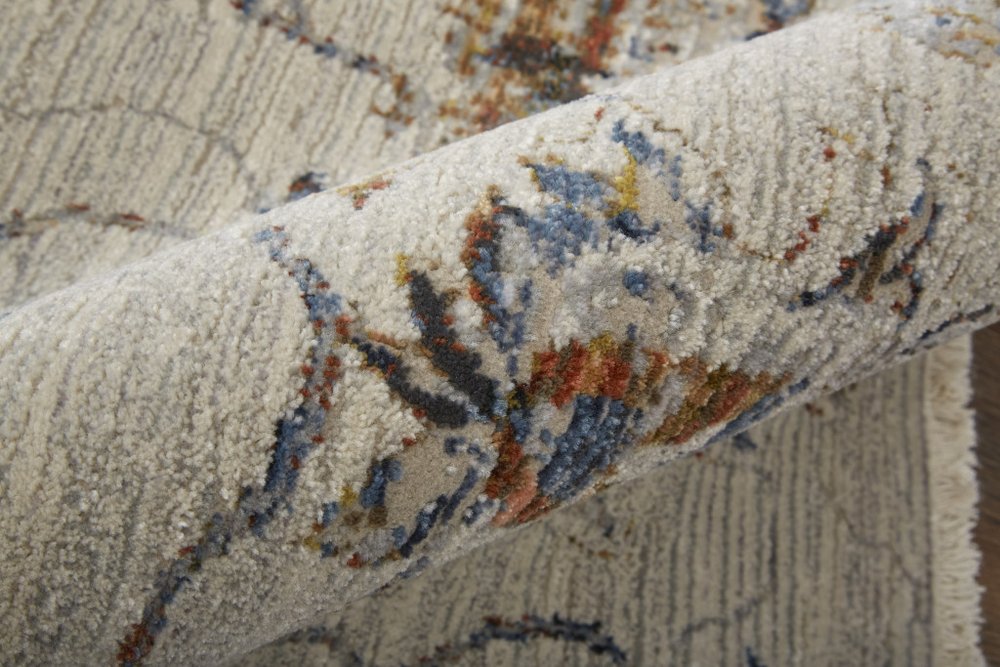 3' X 5' Ivory Blue And Burnt Orange Floral Distressed Area Rug With Fringe