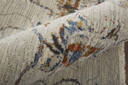 3' X 5' Ivory Blue And Burnt Orange Floral Distressed Area Rug With Fringe