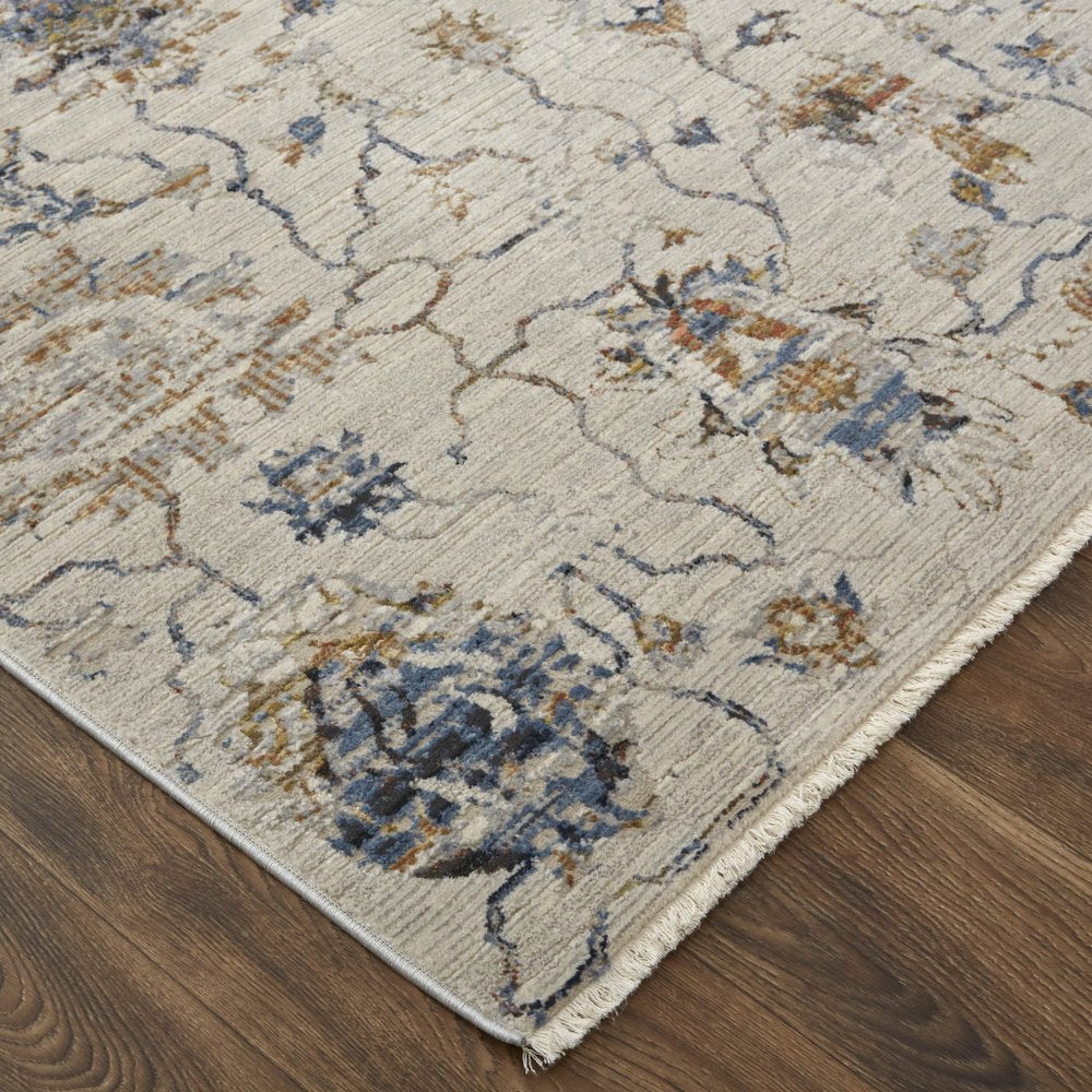 3' X 5' Ivory Blue And Burnt Orange Floral Distressed Area Rug With Fringe