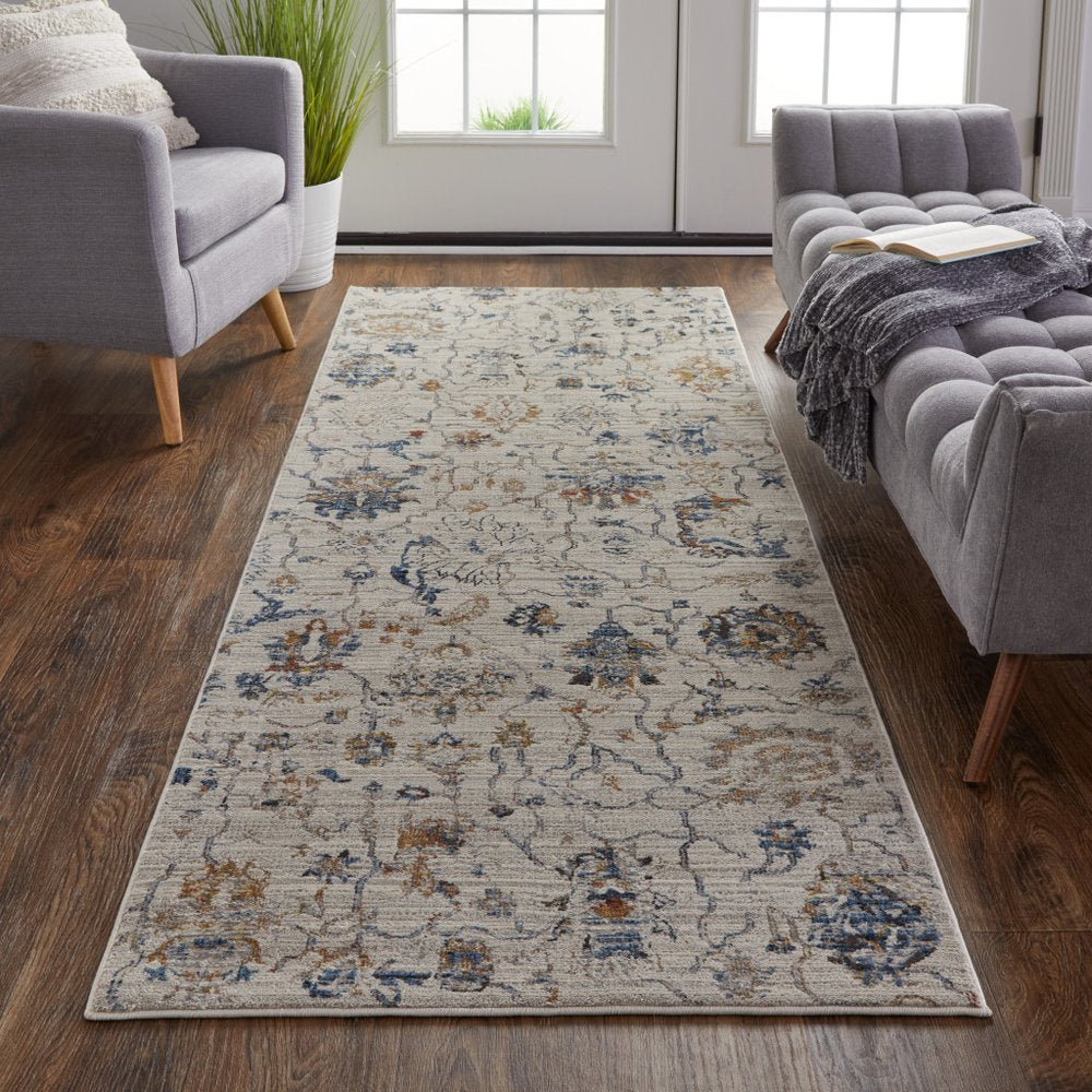 3' X 5' Ivory Blue And Burnt Orange Floral Distressed Area Rug With Fringe